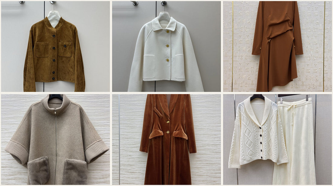 Quiet luxury womenswear collection featuring neutral jackets, knitwear, a brown dress and a tailored coat