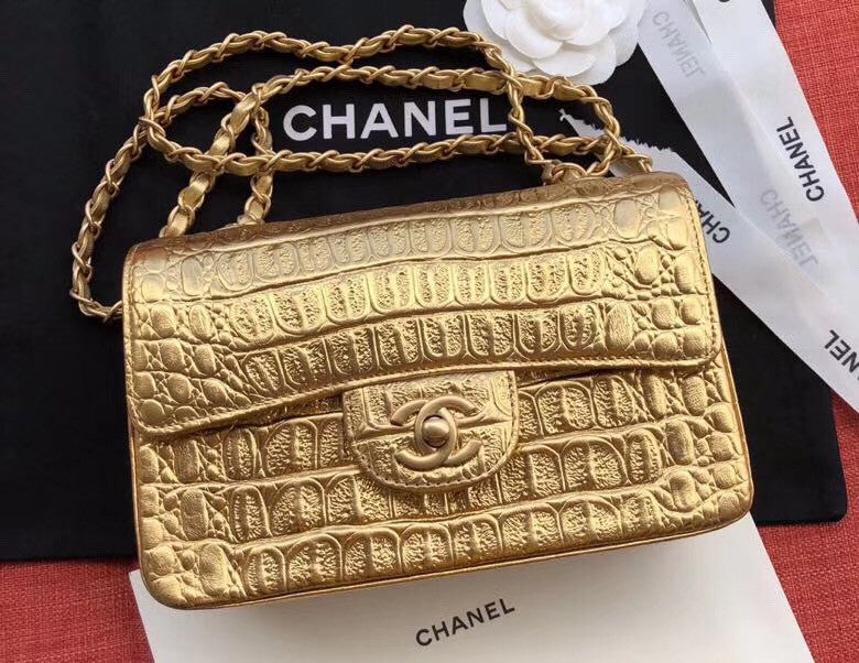 Chanel Mini Gold Metallic Crocodile Embossed Flap Bag