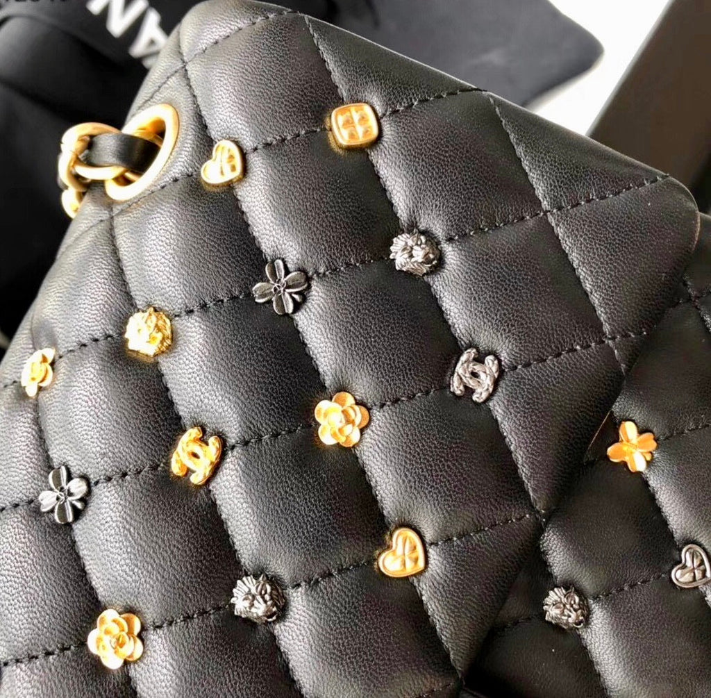 Chanel Black Leather Medium Classic 18K Gold Charms Double Flap Bag