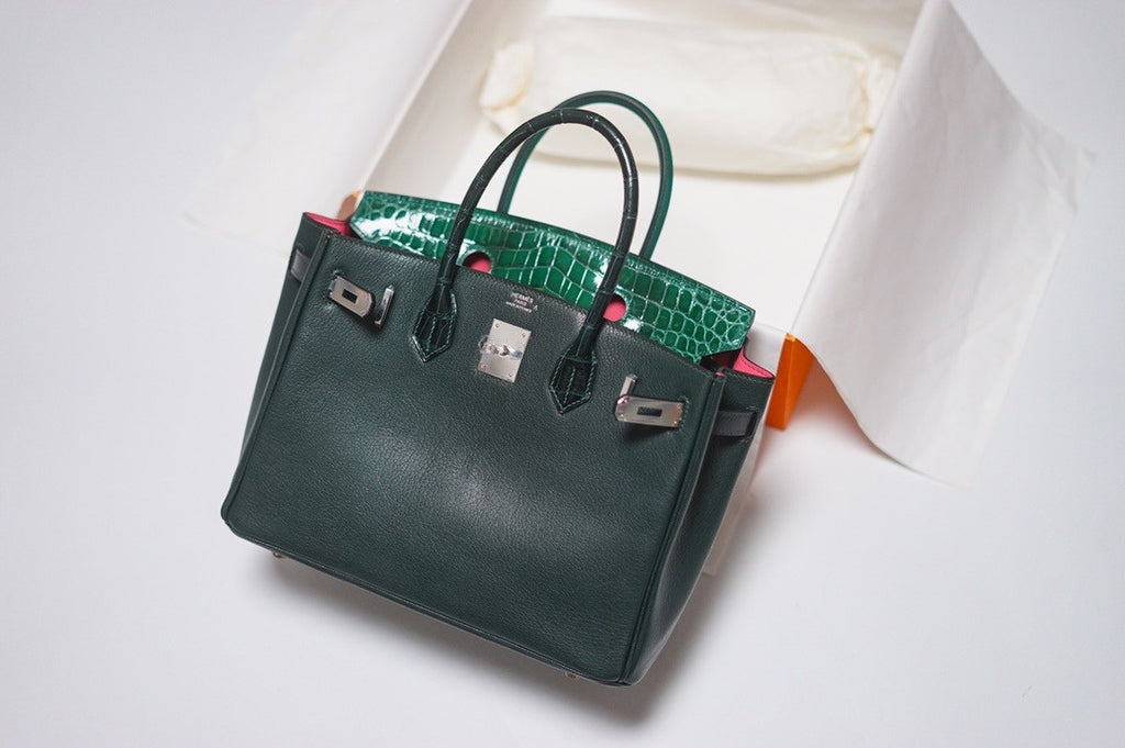 Hermes Birkin Touch 30 Green Porosus Crocodile & Rose Clemence leather with Palladium Hardware