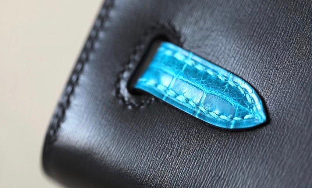 Hermes Special Order 7W Bleu Izmir/ Black Kelly 28 with Crocodile Niloticus and Box Leather