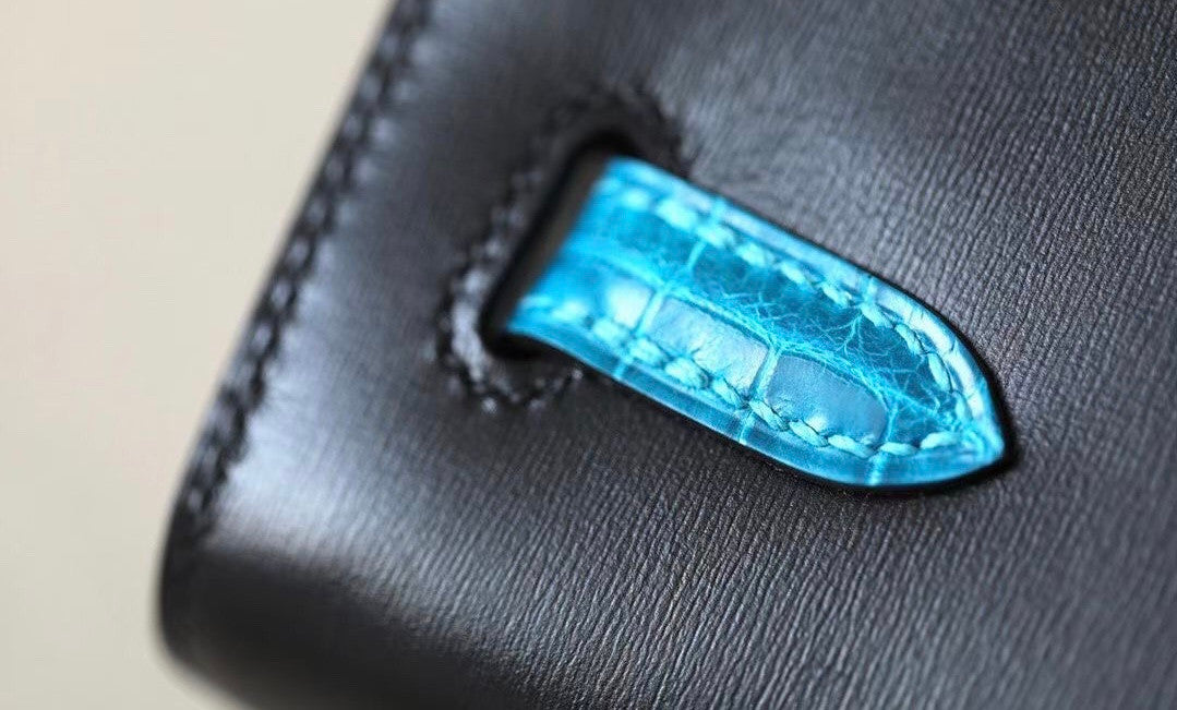 Hermes Special Order 7W Bleu Izmir/ Black Kelly 28 with Crocodile Niloticus and Box Leather
