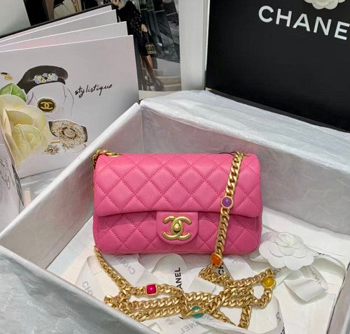 Chanel Flap Bag with  Resin & Gold-Tone Metal Pink Small
