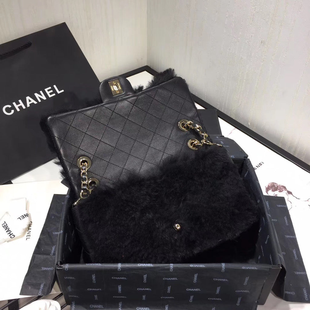 Chanel Shearling Lambskin Flap Bag Black