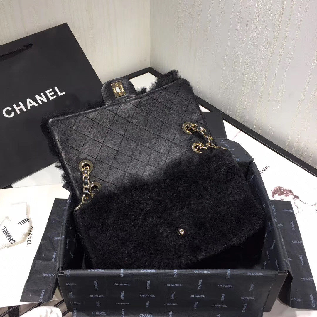 Chanel Shearling Lambskin Flap Bag Black