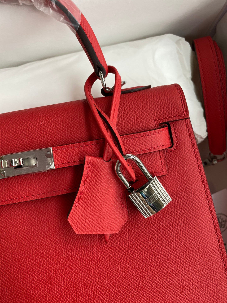 HERMES KELLY 28 SELLIER RED EPSOM PALLADIUM HARDWARE