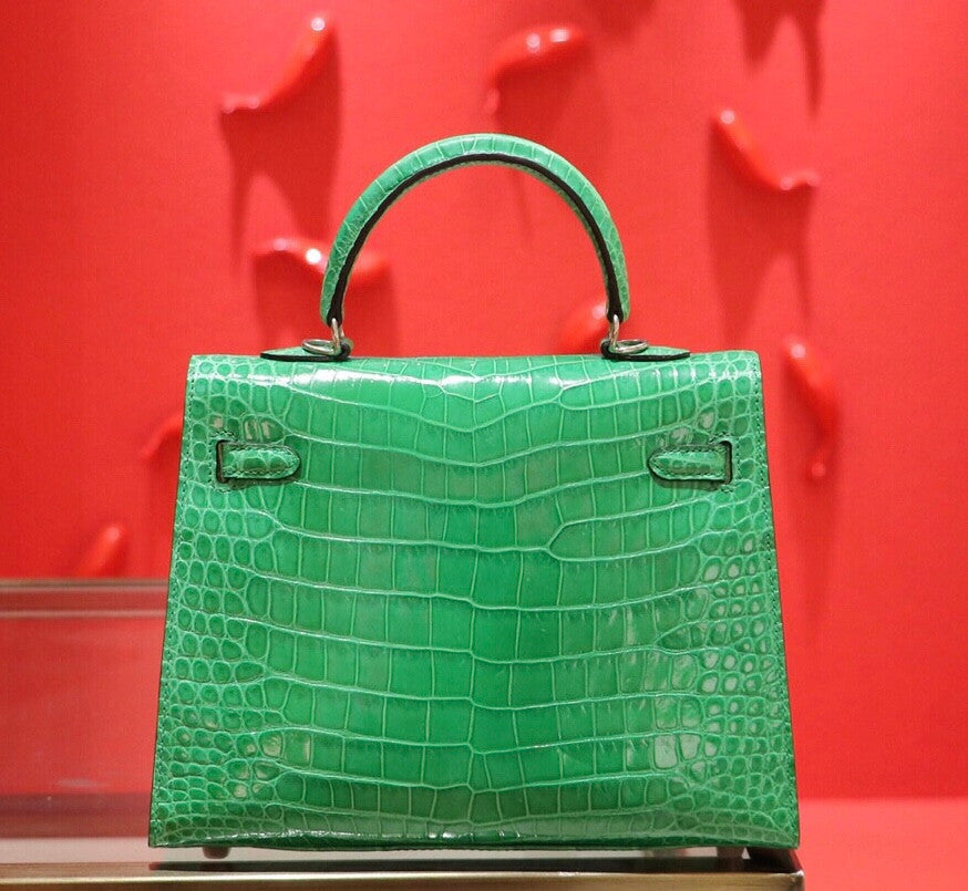 Hermes SHINY  Bamboo  NILOTICUS CROCODILE KELLY 25 WITH Diamond Encrusted HARDWARE