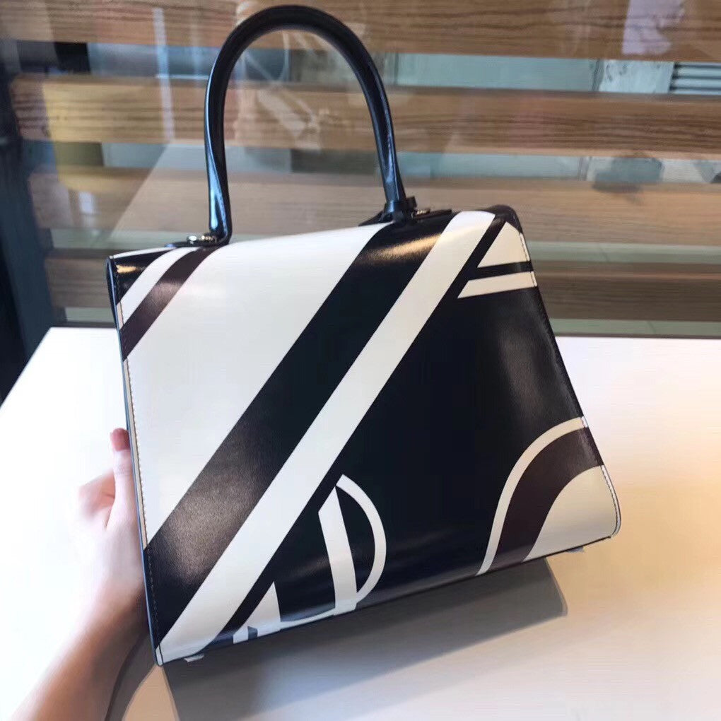 Delvaux Brillant MM Leather Satchel with Black & White geometric pattern