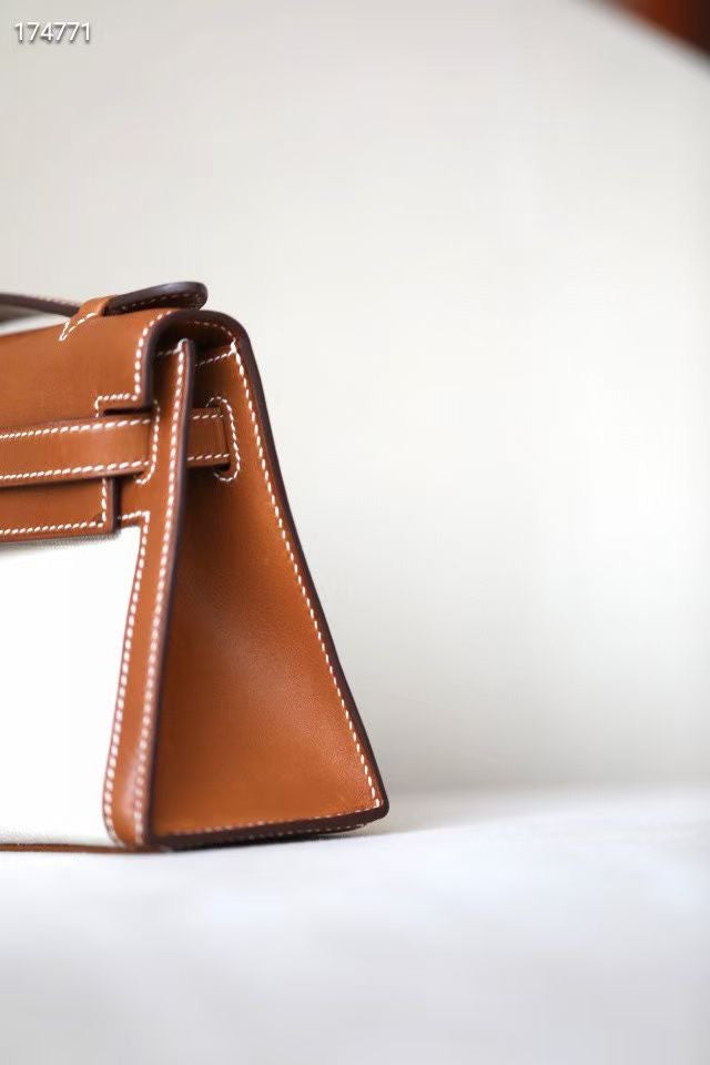 Hermès Limited Edition Mini Kelly Pochette Barenia Natara  leather/ Toile  Palladium hardware