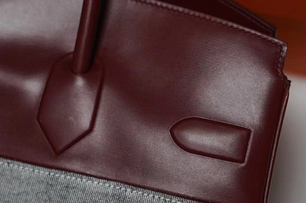 Hermes Shadow Birkin 30 Bordeaux Toile/ Box Leather  Palladium Hardware