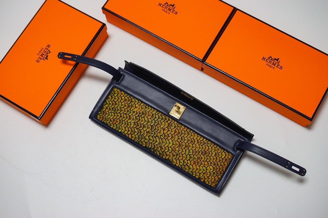 HERMÈS Kelly Cut Black Boxcalf with Peacock Feather GHW Limited Edition