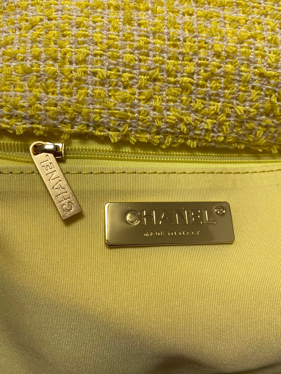 Chanel Yellow Tweed 19 flap bag