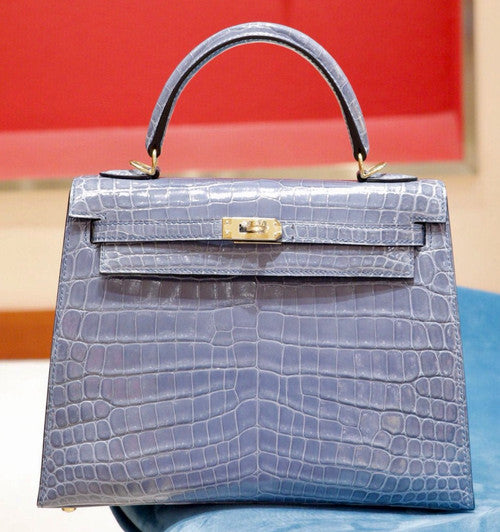 Hermes SHINY BLUE BRIGHTON NILOTICUS CROCODILE KELLY 25 WITH GOLD HARDWARE
