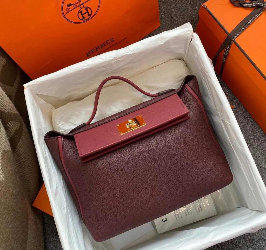 Hermes Kelly 24/24 Bordeaux/Red Swift & Togo Leather with Gold Hardware