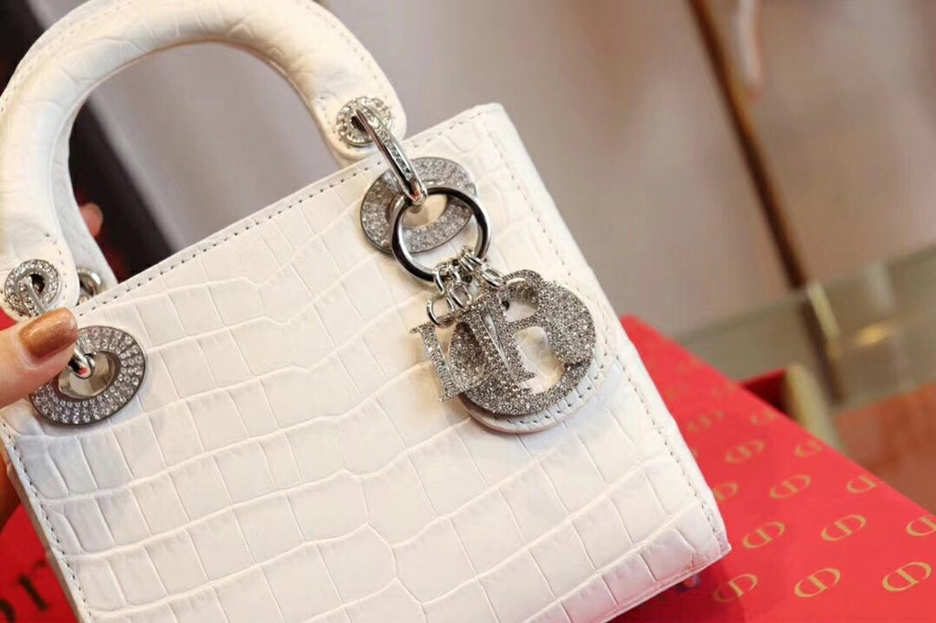 Christian Dior White  Alligator Mini Lady Dior Tote with gemstone hardware