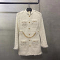 BALMAIN Short white tweed dress with gold-tone buttons and chains