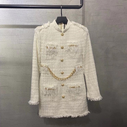 BALMAIN Short white tweed dress with gold-tone buttons and chains