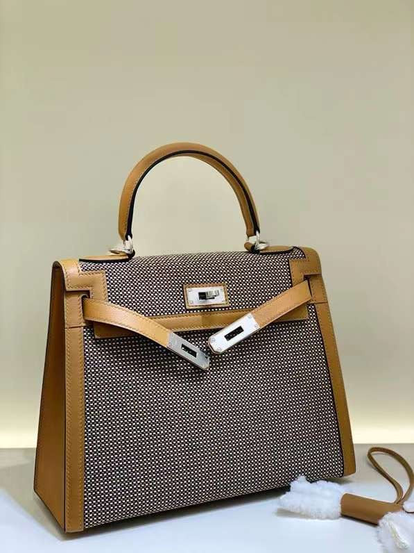 HERMÈS KELLY 25 SELLIER QUADRILLE CHIA SWIFT AND CANVAS PALLADIUM HARDWARE