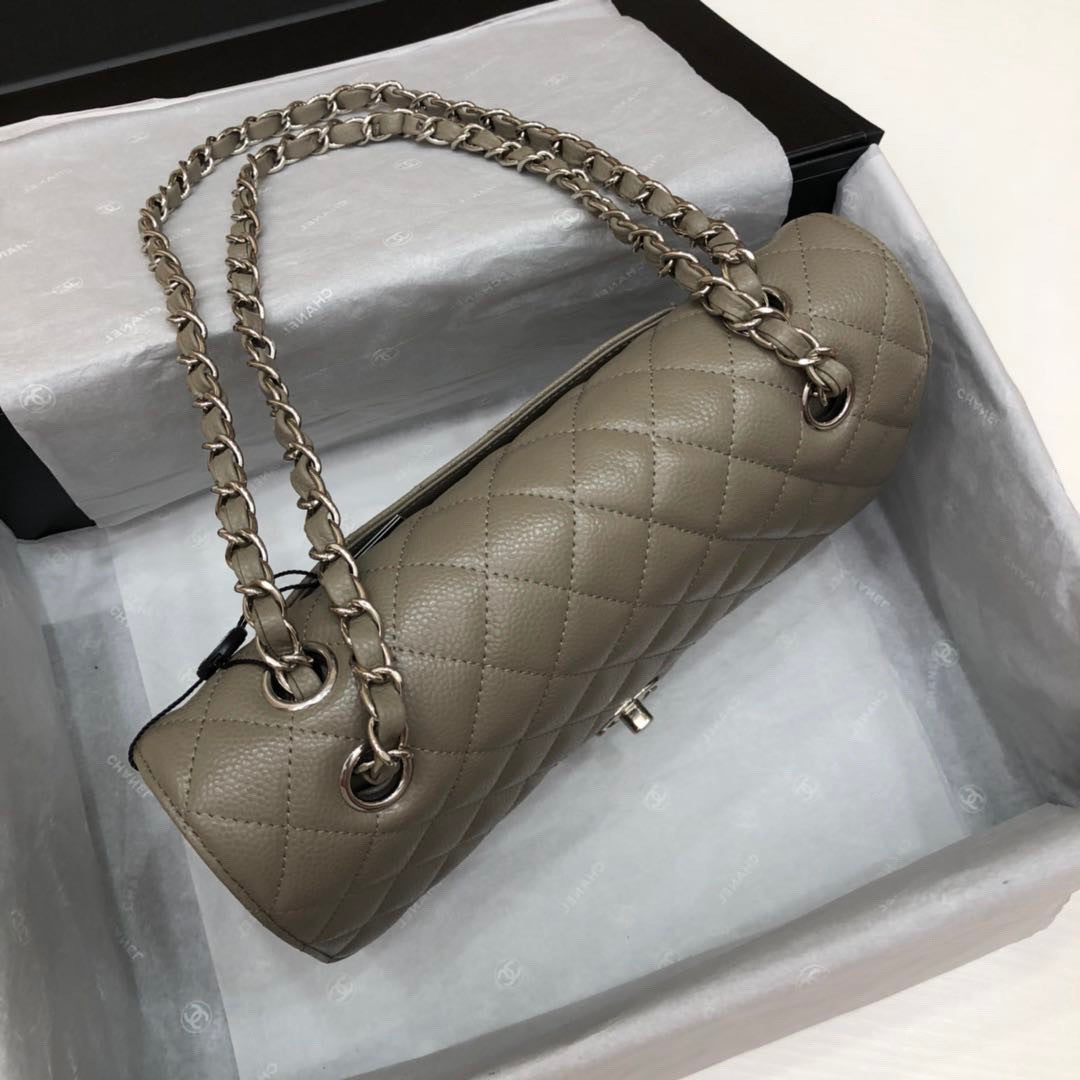 CHANEL Khaki Caviar Leather Classic Double Flap 2.55 Shoulder Bag Silver HW 2021