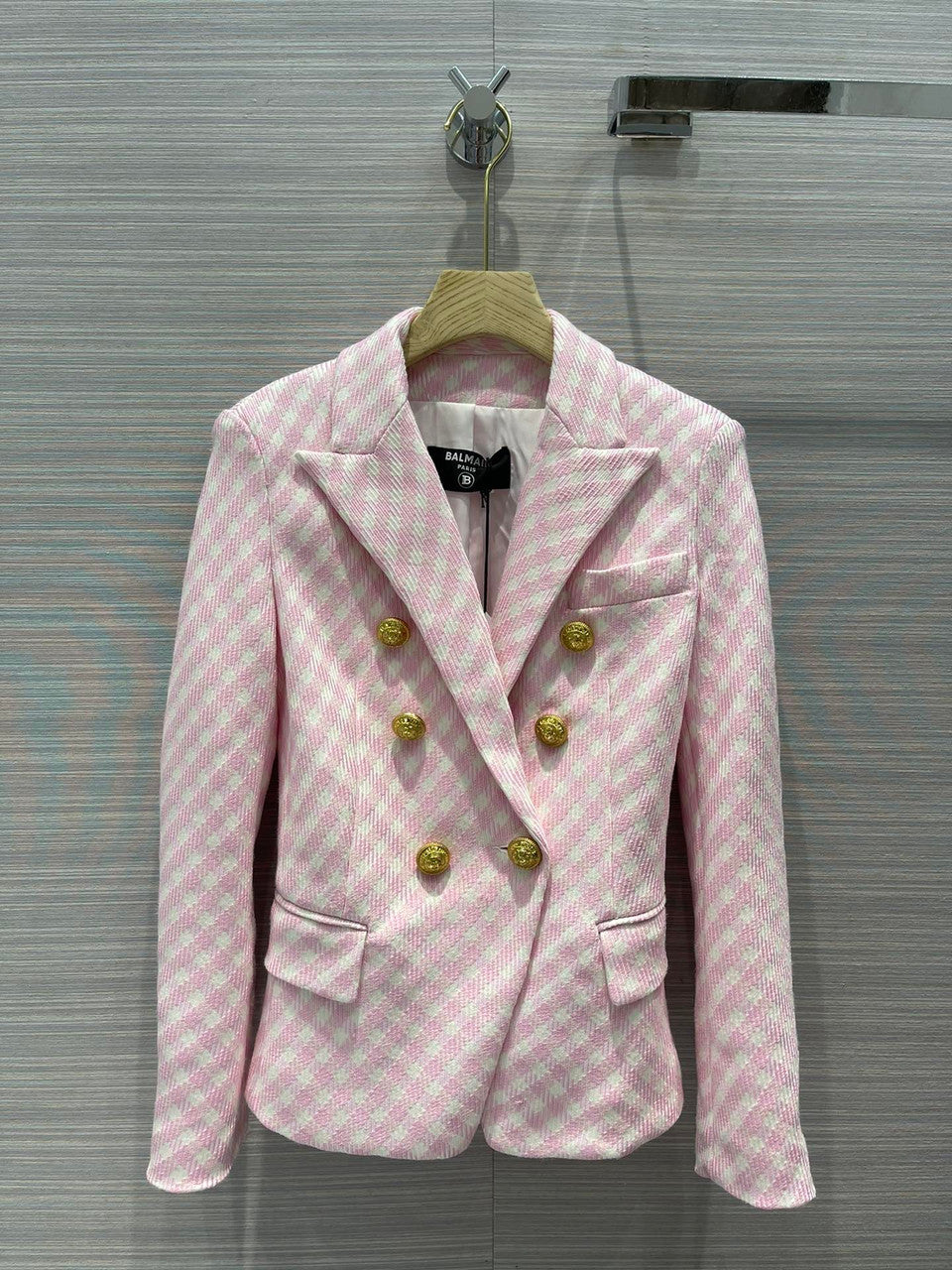 Balmain White and pale pink gingham print tweed jacket