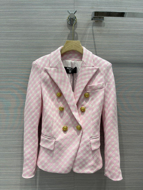 Balmain White and pale pink gingham print tweed jacket