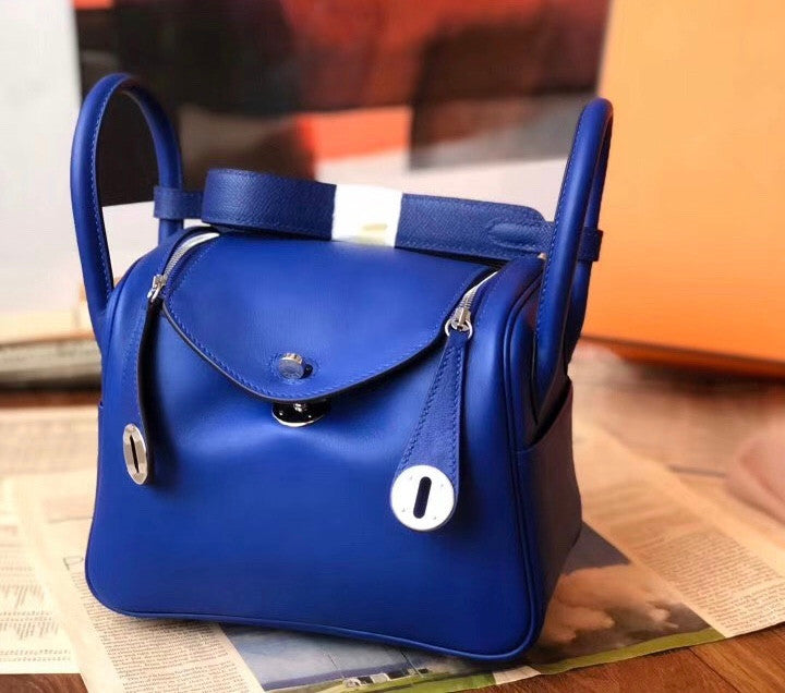Hermes Rare  Mini Lindy 20cm Bag Blue Hydra Swift Leather Palladium Hardware with rare Tressage Strap