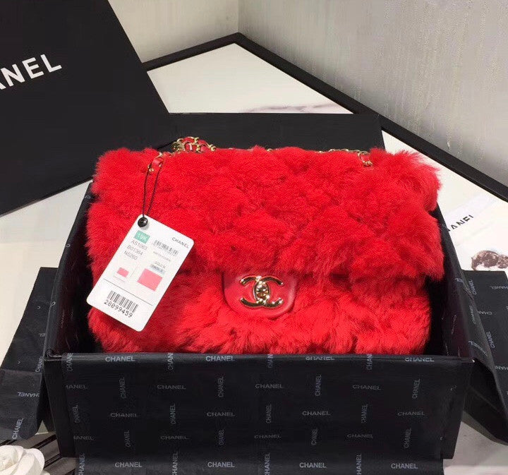 Chanel Shearling Lambskin Flap Bag Red