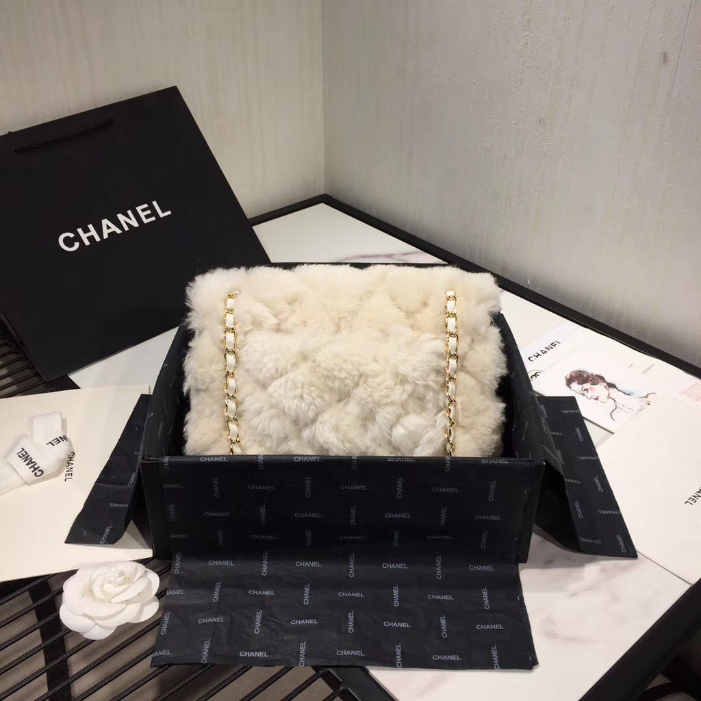 Chanel Shearling Lambskin Flap Bag White