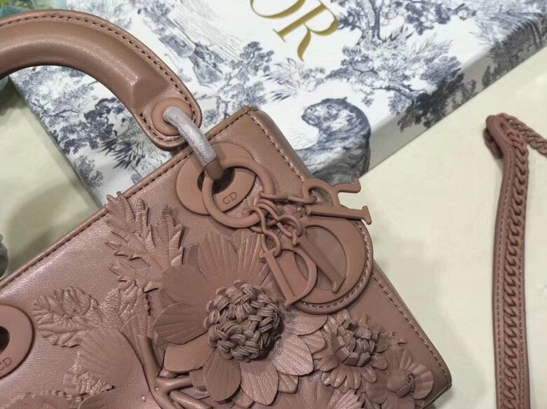 Christian Dior MINI LADY DIOR EMBROIDERED FLOWERS NUDE LAMBSKIN BAG