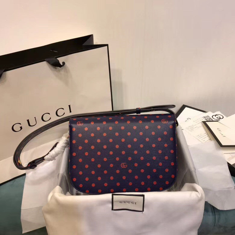 Gucci 1955 Horsebit shoulder bag with Blue leather  polka dot and Double G print