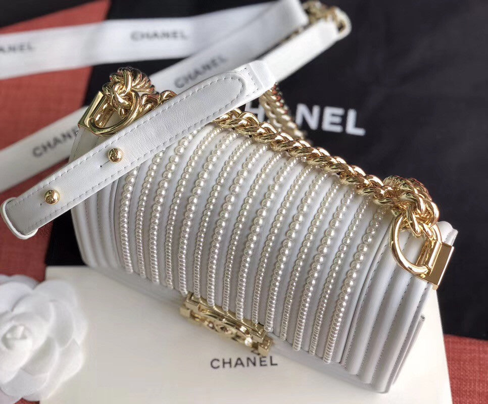 Chanel Small BOY CHANEL Handbag With Imitation Pearls White