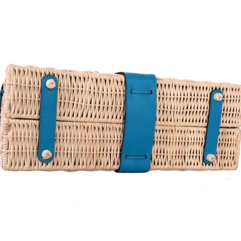 Hermes Limited Edition 3Z Bleu Saint Cyr Picnic Kelly 35 Wicker Palladium Hardware