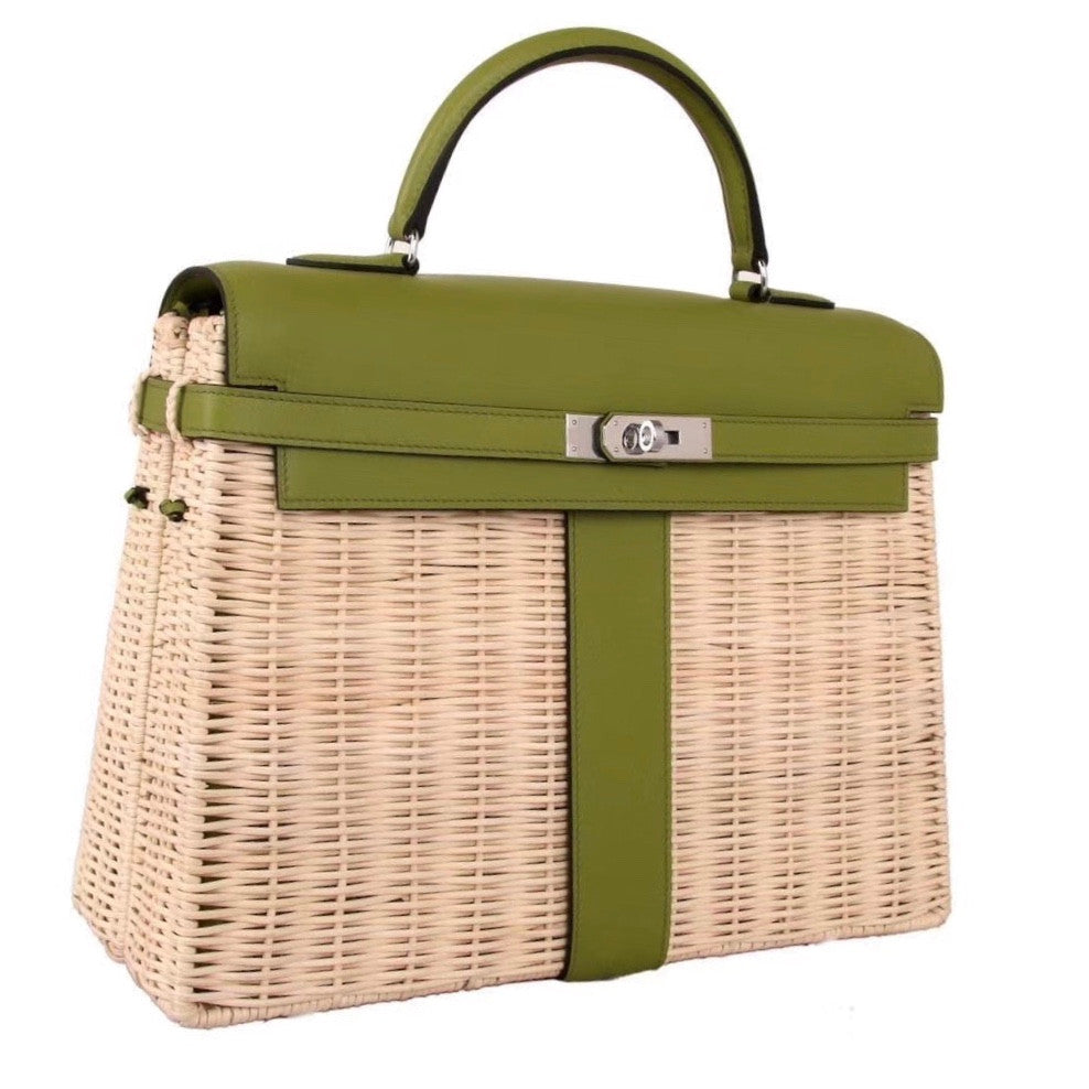Hermes Limited Edition CK61 Green Picnic Kelly 35 Wicker Palladium Hardware