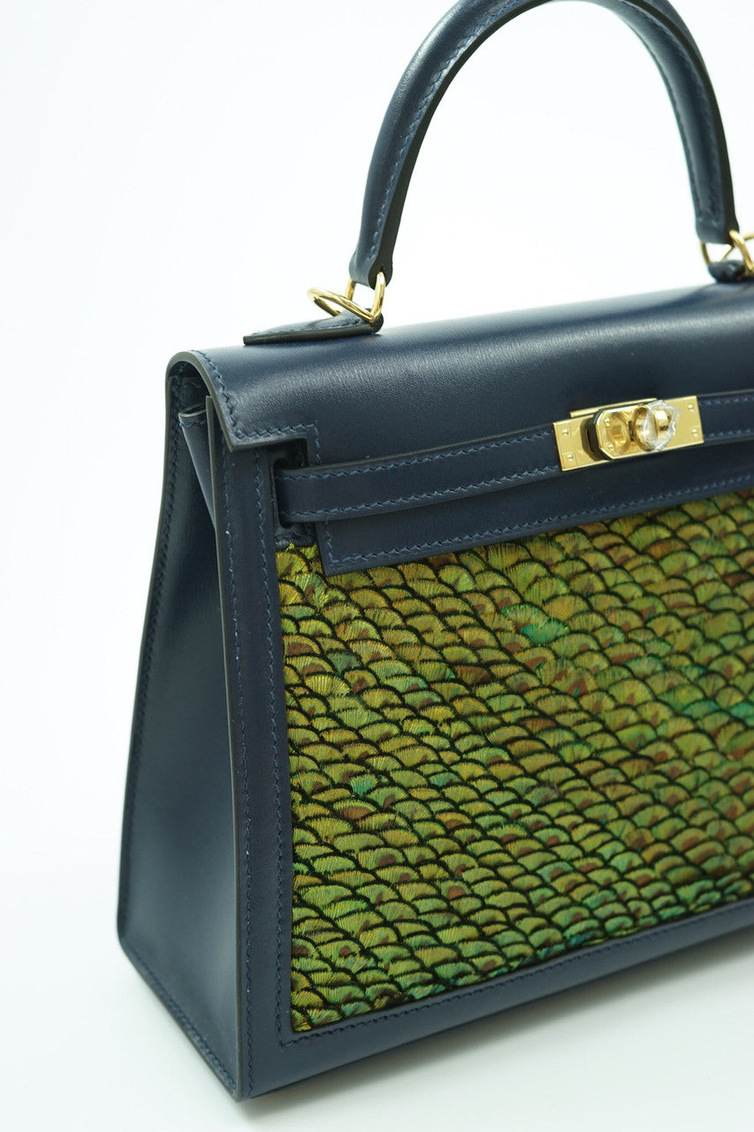 Hermes  FEATHER KELLY 25 Black  Peacock feather & Suede  with Gold Hardware