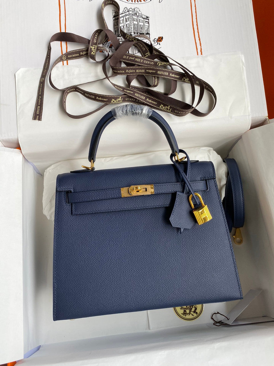 HERMES KELLY 28 SELLIER DEEP BLUE EPSOM GOLD HARDWARE