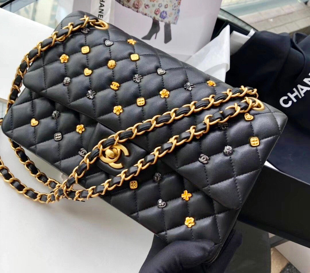 Chanel Black Leather Medium Classic 18K Gold Charms Double Flap Bag