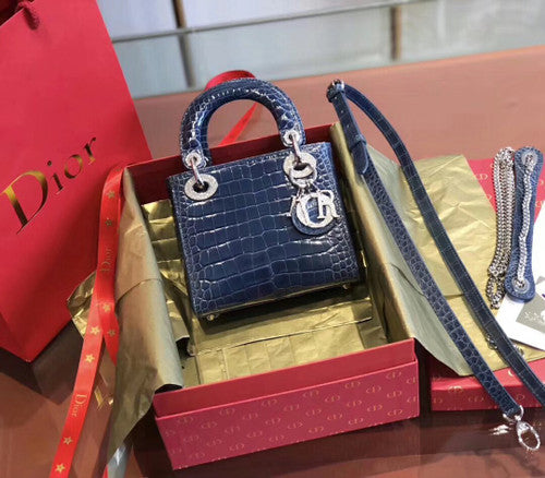 Christian Dior Blue  Alligator Mini Lady Dior Tote with gemstone hardware
