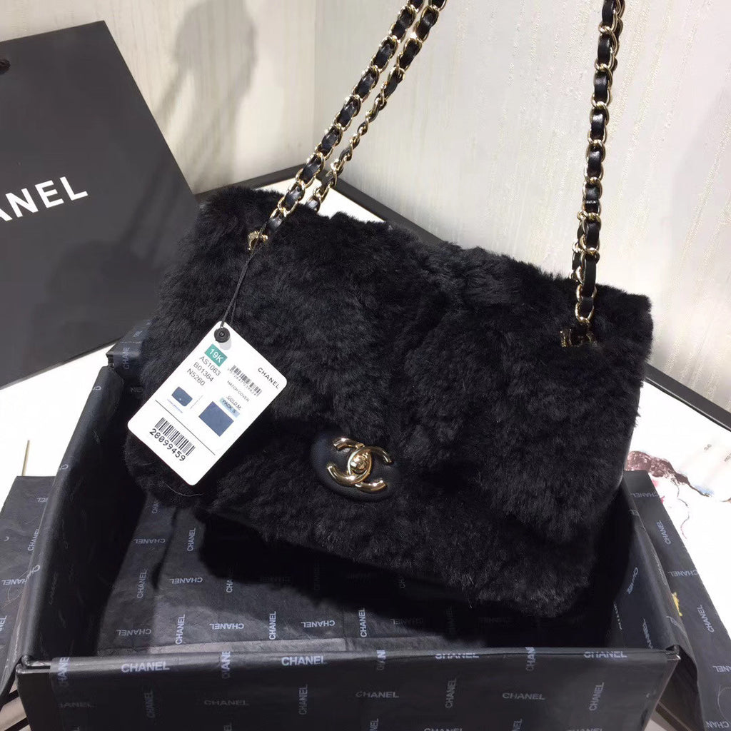 Chanel Shearling Lambskin Flap Bag Black
