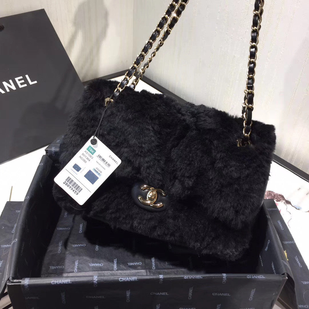 Chanel Shearling Lambskin Flap Bag Black