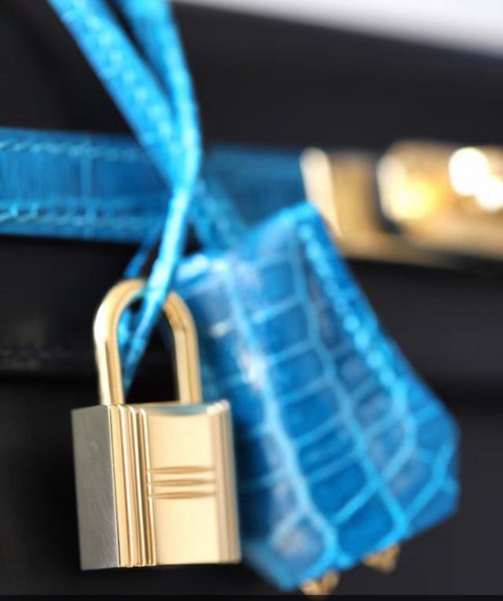Hermes Special Order 7W Bleu Izmir/ Black Kelly 28 with Crocodile Niloticus and Box Leather