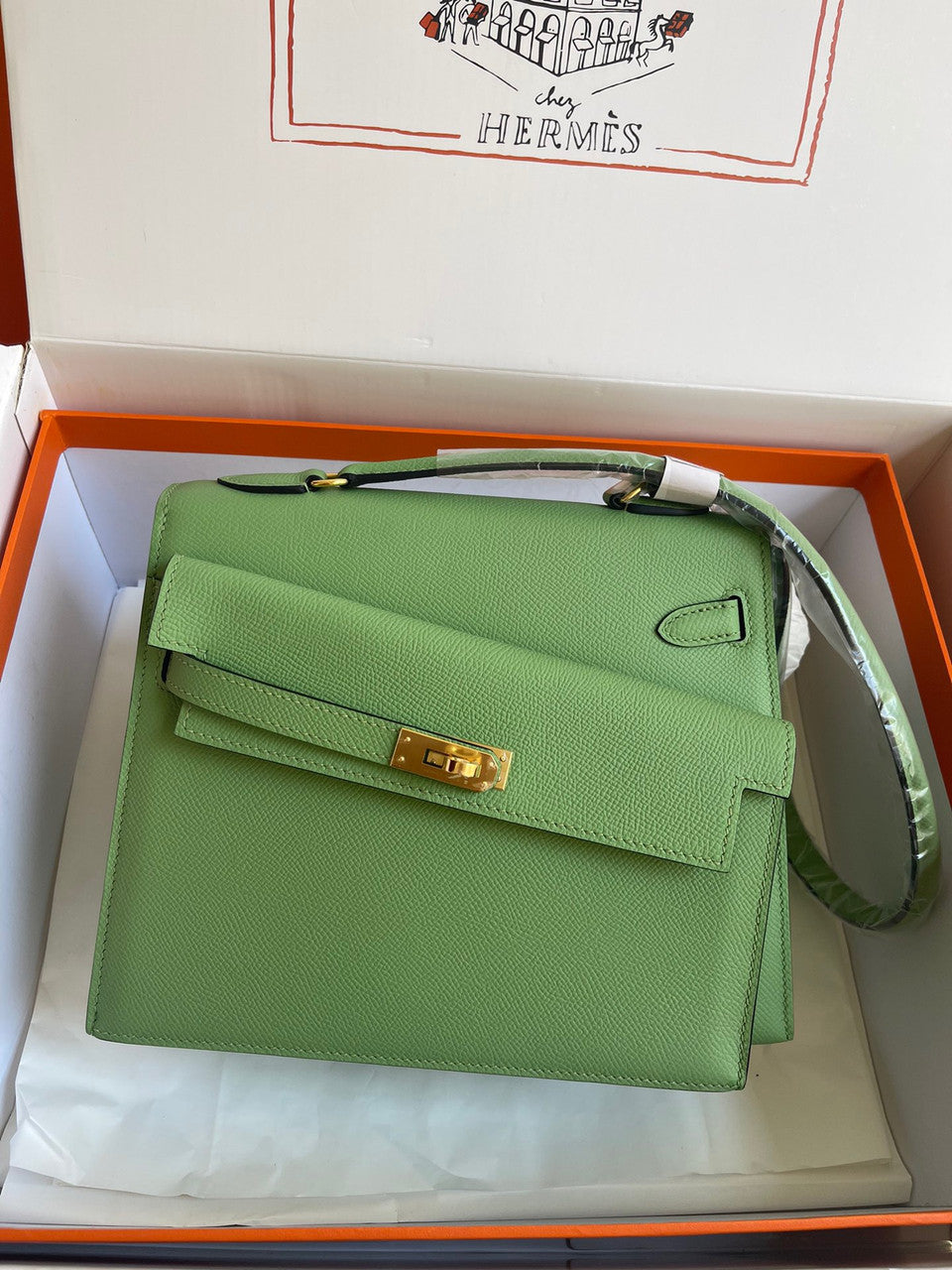 Hermes Kelly Sellier 20 en Desordre Vert Criquet