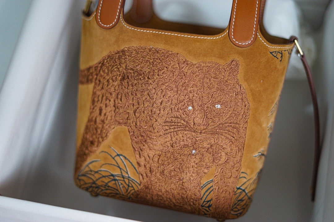 Hermes 2021 Limited Edition Embroidered Picotin lock 18 Touch Suede/ Swift Gold Hardware