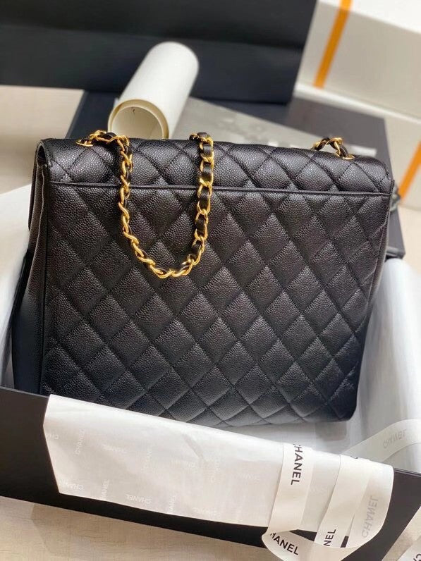 Chanel  BLACK QUILTED CAVIAR LEATHER JUMBO CLASSIC SINGLE FLAP BAG