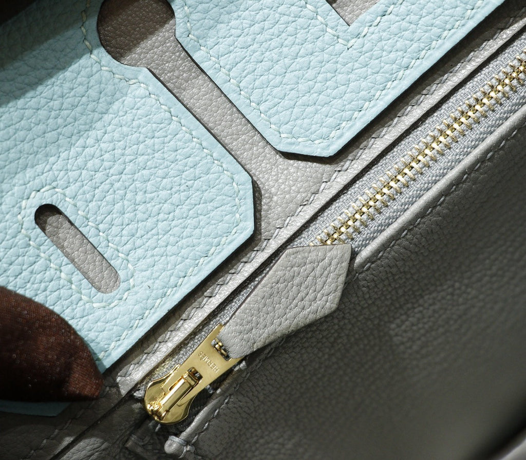Hermes Special Order Bi-Colour 3P Blue Atoll/ 4Z Gris Mouette Birkin 25 cm Togo Gold  Hardware