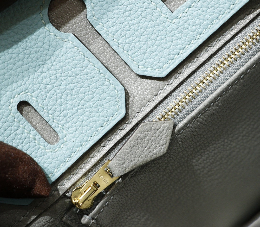 Hermes Special Order Bi-Colour 3P Blue Atoll/ 4Z Gris Mouette Birkin 25 cm Togo Gold  Hardware
