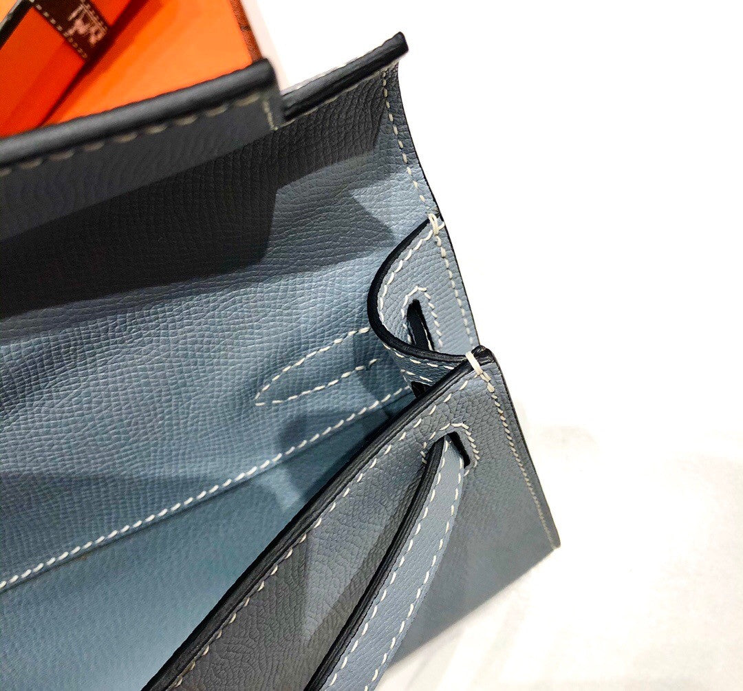 HERMES KELLY CUT CLUTCH BAG BLUE LIN EPSOM PALLADIUM HARDWARE