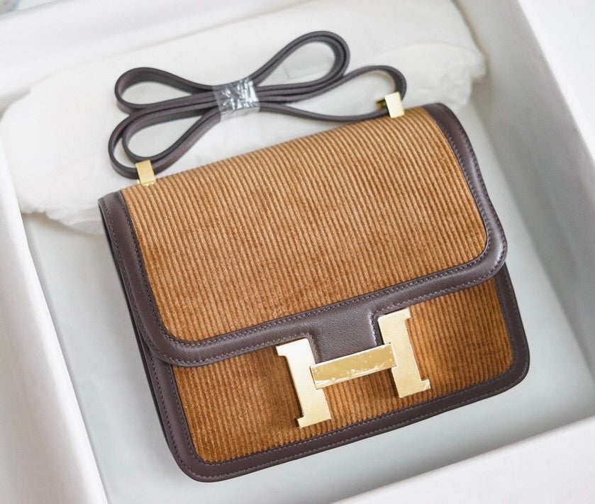 Hermès Brown Corduroy Constance 23cm  Gold GHW
