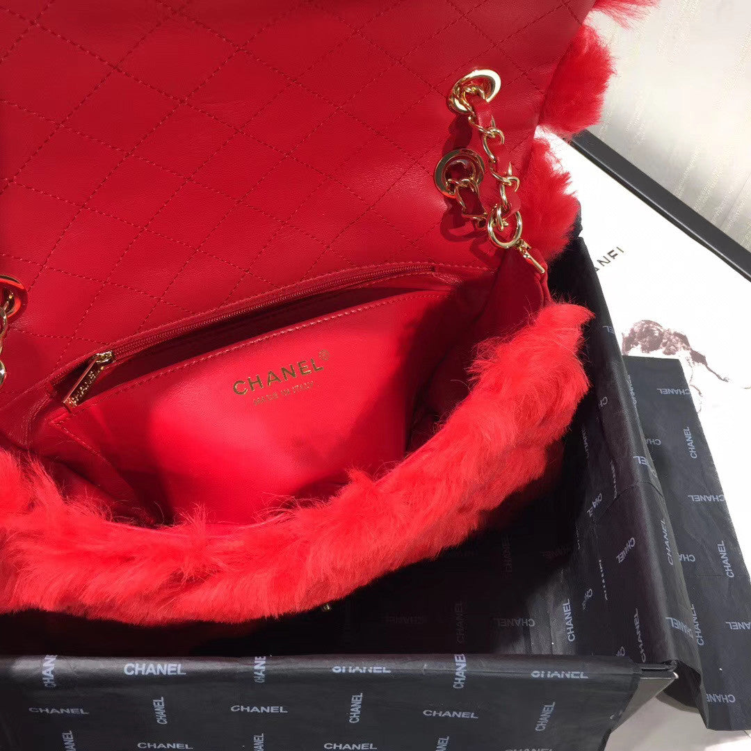 Chanel Shearling Lambskin Flap Bag Red