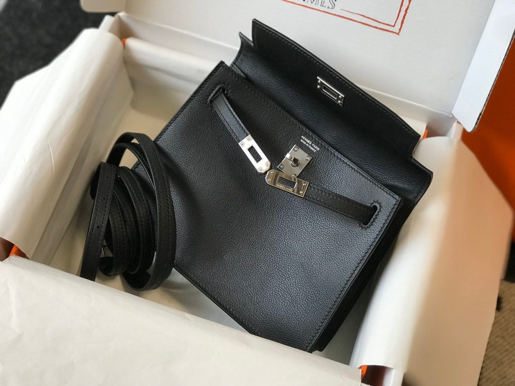 Hermes Black Kelly Danse Bag Swift Leather Palladium Hardware.