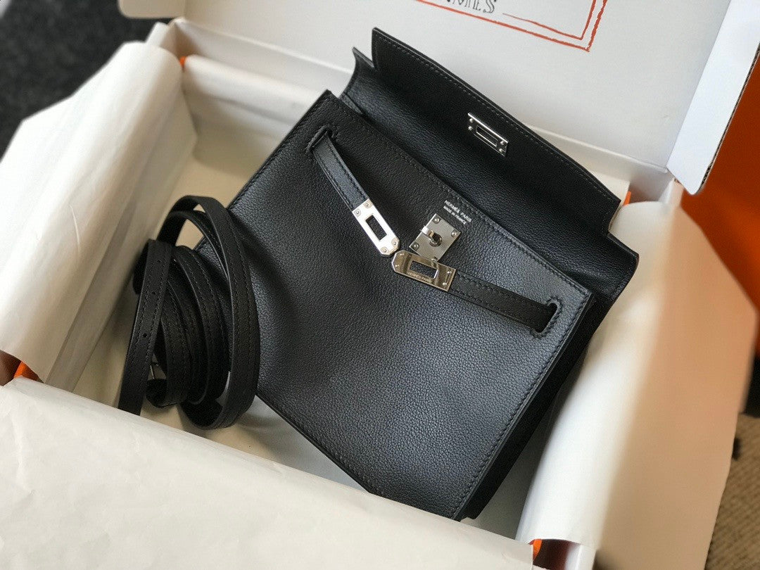 Hermes Black Kelly Danse Bag Swift Leather Palladium Hardware.